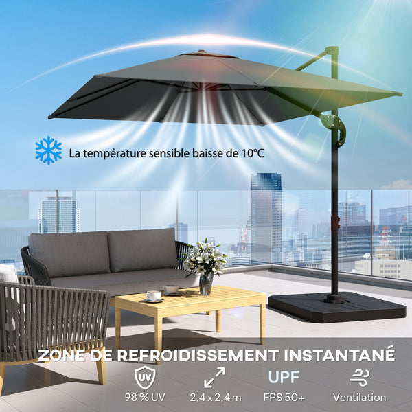 Parasol déporté carré 2,4x2,4m avec pied et dalles lestage - parasol de jardin extérieur, mât aluminium et rotatif 360° par pédale - UV50+ et inclinaison 5 positions pour terrasse, gris