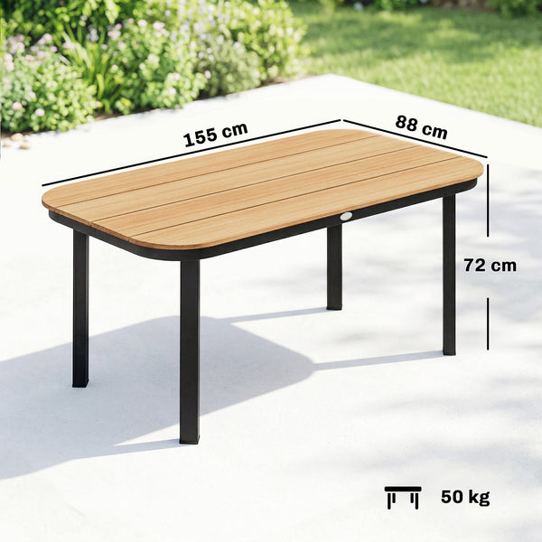 Table de Jardin Rectangulaire pour 4-6 Personnes, Plateau en WPC à Lattes, Bords Arrondis, Structure en Métal, Table à Manger de Jardin pour Balcon Terrasse, 155x88x72cm, Naturel