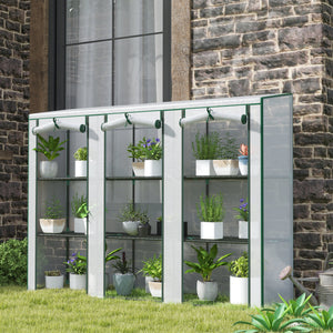 Serre de jardin PE avec étagères 3 niveaux, serre de balcon, bâche renforcée 140 g/m², châssis en acier, 2 portes zippées enroulables pour légumes plantes fleurs 215x46x151cm blanc