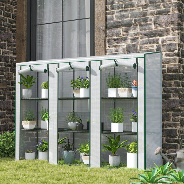 Serre de jardin PE avec étagères 3 niveaux, serre de balcon, bâche renforcée 140 g/m², châssis en acier, 2 portes zippées enroulables pour légumes plantes fleurs 215x46x151cm blanc