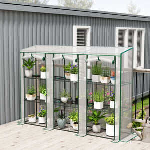 Serre de jardin PE avec étagères 3 niveaux, serre de balcon, bâche renforcée 140 g/m², châssis en acier, 2 portes zippées enroulables pour légumes plantes fleurs 215x46x151cm blanc