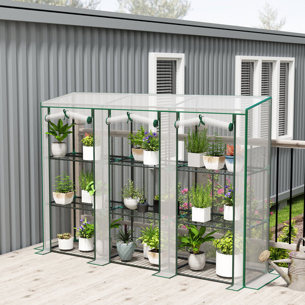 Serre de jardin PE avec étagères 3 niveaux, serre de balcon, bâche renforcée 140 g/m², châssis en acier, 2 portes zippées enroulables pour légumes plantes fleurs 215x46x151cm blanc