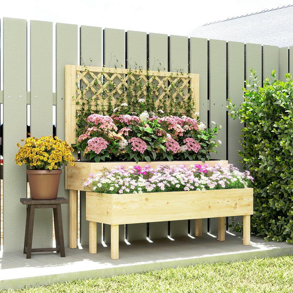 Jardinière à 2 Niveaux avec Treillis, bac à fleurs, lit surélevé avec tissu non tissé, pour plantes grimpantes, légumes, bois, intérieur et extérieur, 108 x 62 x 120 cm effet bois naturelle