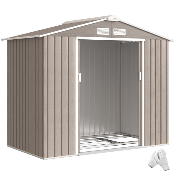 Abri de jardin en métal 2,77 m² cabane de jardin 213 x 130 x 185 cm cabanon rangement outils avec kit de fondation, porte coulissante verrouillables et 4 aérations - marron clair