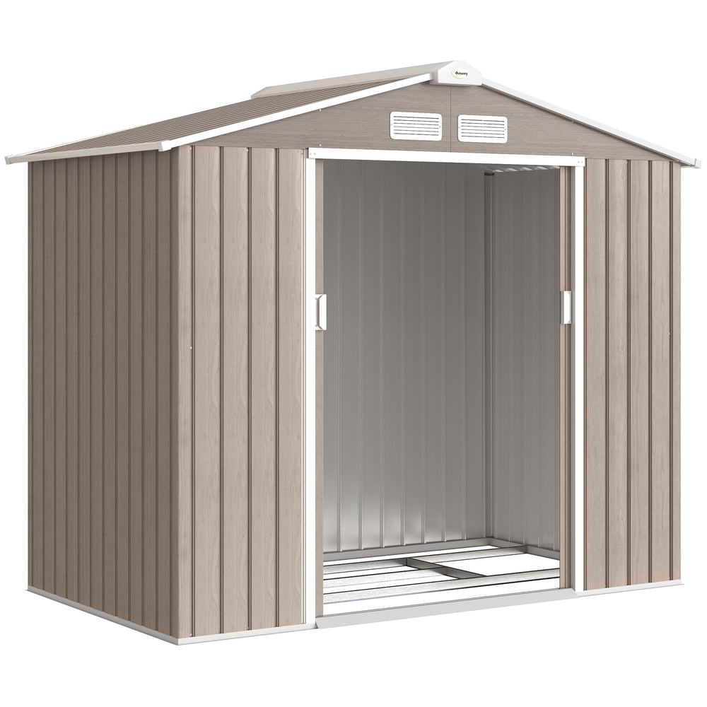 Abri de jardin en métal 2,77 m² cabane de jardin 213 x 130 x 185 cm cabanon rangement outils avec kit de fondation, porte coulissante verrouillables et 4 aérations - marron clair