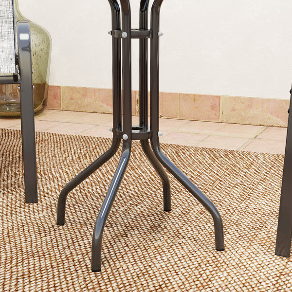 3 pièces salon de jardin extérieur, ensemble de meubles 2 fauteuils empilables, table basse avec dessus en verre trempé, tissu en textilène, pour patio, terrasse, balcon, gris foncé