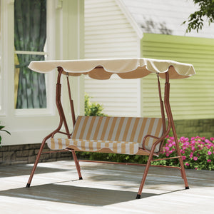Balancelle de Jardin 3 Places Toit imperméabilisé Inclinaison réglable Coussins Assise Dossier 1,7L x 1,1l x 1,53H m Acier Polyester marron crème rayé