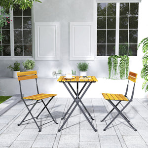 Ensemble bistrot de jardin 3 pièces, salon de jardin extérieur 2 personnes avec 2 chaises et table basse en bois d'acacia et acier, mobilier de terrasse, balcon, véranda, effet bois naturel