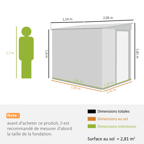 Abri de jardin en métal 2,81 m² avec fondation, abri à outils extérieur adossé en acier galvanisé, toit en pente, cabane de jardin avec 2 étagères ajustables, 154x206,5x181cm, gris