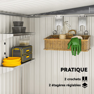 Abri de jardin en métal 2,81 m² avec fondation, abri à outils extérieur adossé en acier galvanisé, toit en pente, cabane de jardin avec 2 étagères ajustables, 154x206,5x181cm, gris