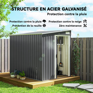 Abri de jardin en métal 2,81 m² avec fondation, abri à outils extérieur adossé en acier galvanisé, toit en pente, cabane de jardin avec 2 étagères ajustables, 154x206,5x181cm, gris