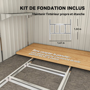Abri de jardin en métal 2,81 m² avec fondation, abri à outils extérieur adossé en acier galvanisé, toit en pente, cabane de jardin avec 2 étagères ajustables, 154x206,5x181cm, gris