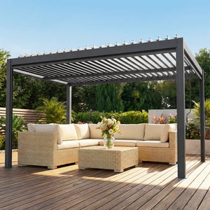 Pergola bioclimatique 4x3m, pergola aluminium avec lames orientables, manivelle, stores latéraux coupe-vent, tonnelle de jardin abri terrasse, protection soleil, imperméable, gris foncé
