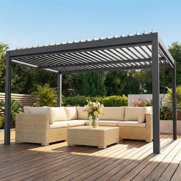 Pergola bioclimatique 4x3m, pergola aluminium avec lames orientables, manivelle, stores latéraux coupe-vent, tonnelle de jardin abri terrasse, protection soleil, imperméable, gris foncé