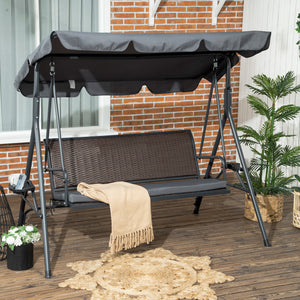 Balancelle de jardin 3 places toit inclinaison réglable avec porte-gobelets plateaux coussin assise dossier ergonomique en résine tressée PE cadre en acier et polyester gris foncé et marron