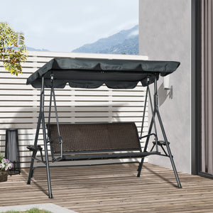 Balancelle de jardin 3 places toit inclinaison réglable avec porte-gobelets plateaux coussin assise dossier ergonomique en résine tressée PE cadre en acier et polyester gris foncé et marron