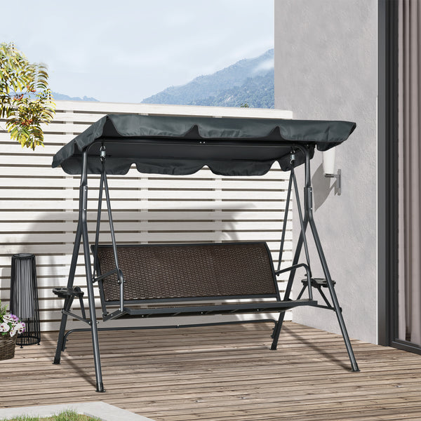 Balancelle de jardin 3 places toit inclinaison réglable avec porte-gobelets plateaux coussin assise dossier ergonomique en résine tressée PE cadre en acier et polyester gris foncé et marron
