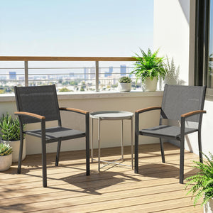 Lot de 2 Chaises de Jardin Empilables, Accoudoirs en WPC, Dossier Haut, Chaise de Salle à Manger Exterieure pour Balcon Terrasse Patio, Métal et Textilène, Gris