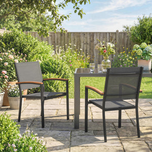 Lot de 2 Chaises de Jardin Empilables, Accoudoirs en WPC, Dossier Haut, Chaise de Salle à Manger Exterieure pour Balcon Terrasse Patio, Métal et Textilène, Gris