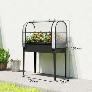 Potager sur Pieds avec Serre Rabattable, Jardinière Surélevée en Métal avec Volume 97L, Trou de Drainage, pour Plantes Fleurs Légumes, 100 x 49 x 136 cm, Noir