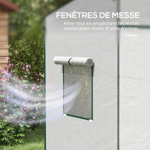 Serre de jardin PE, serre de balcon, bâche renforcée 140 g/m², châssis en acier, porte zippée enroulable, 2 fenêtres, pour légumes plantes fleurs, intérieur et extérieur, 196x77x197cm, blanc