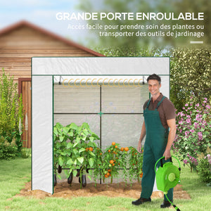 Serre de jardin PE, serre de balcon, bâche renforcée 140 g/m², châssis en acier, porte zippée enroulable, 2 fenêtres, pour légumes plantes fleurs, intérieur et extérieur, 196x77x197cm, blanc