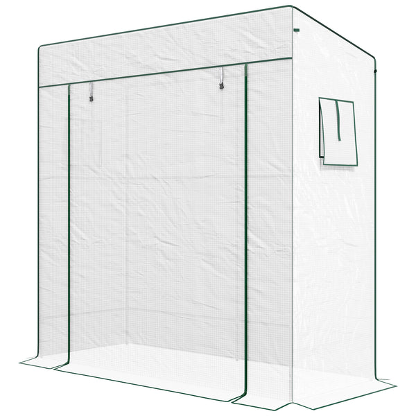 Serre de jardin PE, serre de balcon, bâche renforcée 140 g/m², châssis en acier, porte zippée enroulable, 2 fenêtres, pour légumes plantes fleurs, intérieur et extérieur, 196x77x197cm, blanc