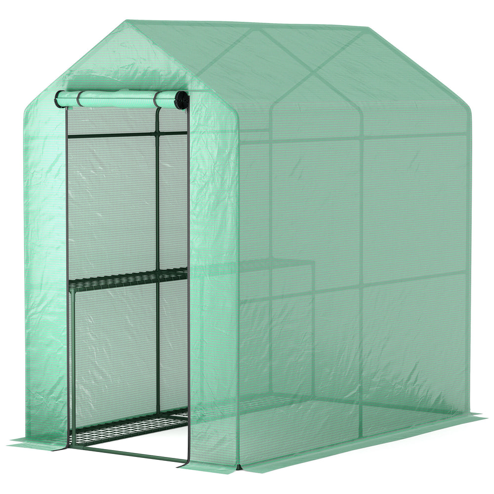 Serre de jardin PE avec étagère 2 niveaux, serre de balcon, bâche renforcée 140 g/m², châssis en acier, porte zippée enroulable, pour légumes plantes fleurs, 186 x 120 x 190 cm, vert