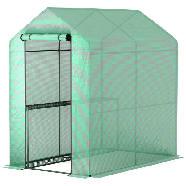 Serre de jardin PE avec étagère 2 niveaux, serre de balcon, bâche renforcée 140 g/m², châssis en acier, porte zippée enroulable, pour légumes plantes fleurs, 186 x 120 x 190 cm, vert