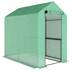 Serre de jardin PE avec étagère 2 niveaux, serre de balcon, bâche renforcée 140 g/m², châssis en acier, porte zippée enroulable, pour légumes plantes fleurs, 186 x 120 x 190 cm, vert