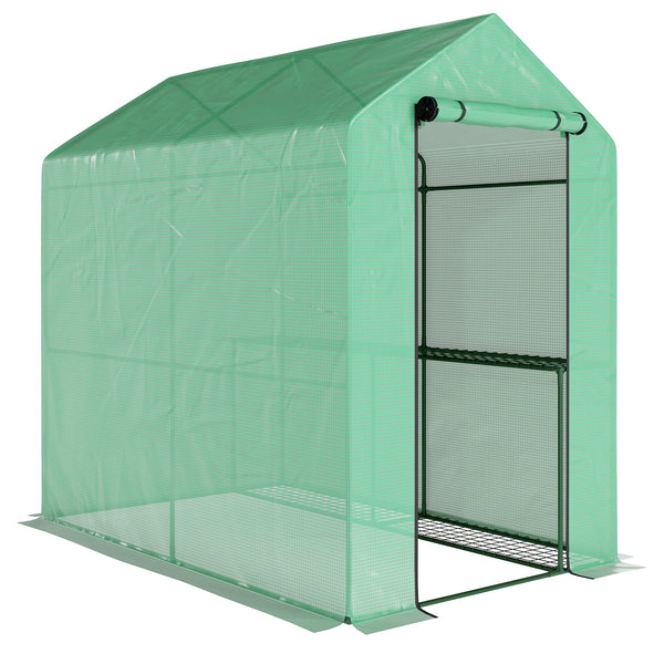 Serre de jardin PE avec étagère 2 niveaux, serre de balcon, bâche renforcée 140 g/m², châssis en acier, porte zippée enroulable, pour légumes plantes fleurs, 186 x 120 x 190 cm, vert