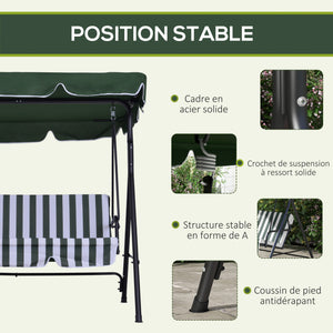 Balancelle de Jardin 3 Places Toit Inclinaison réglable Coussins Assise et Dossier 1,72L x 1,1l x 1,53H m Acier Noir Polyester Vert