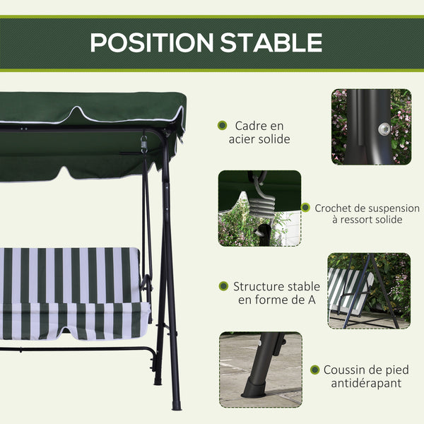 Balancelle de Jardin 3 Places Toit Inclinaison réglable Coussins Assise et Dossier 1,72L x 1,1l x 1,53H m Acier Noir Polyester Vert