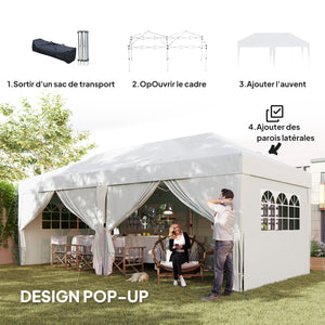 Tonnelle de jardin exterieur tonnelle pliante 3 x 6 m pop-up avec 6 parois latérales, trous de drainage, sac de transport inclus, barnum pliant pour camping festival mariage, blanc