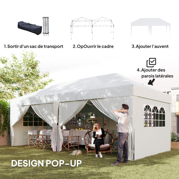 Tonnelle de jardin exterieur tonnelle pliante 3 x 6 m pop-up avec 6 parois latérales, trous de drainage, sac de transport inclus, barnum pliant pour camping festival mariage, blanc