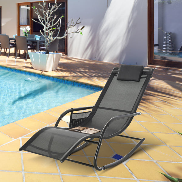 Chaise Longue à Bascule - Rocking Chair Ergonomique - tétière Amovible, accoudoirs, Pochette Rangement - métal époxy textilène Noir
