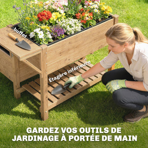 Potager sur Pieds à 2 niveaux, Jardinières surélevées avec étagères en bois avec doublure et trous de drainage pour fleurs et légumes, 119,5 x 102 x 76,5 cm, marron clair