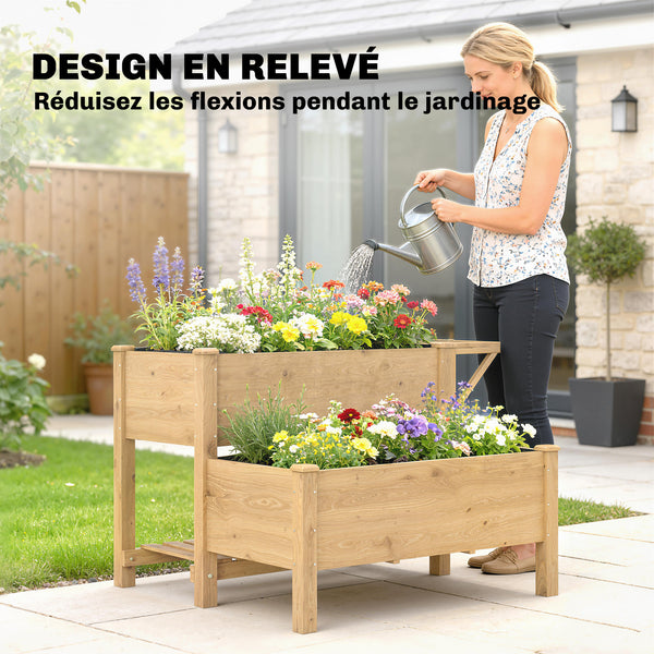 Potager sur Pieds à 2 niveaux, Jardinières surélevées avec étagères en bois avec doublure et trous de drainage pour fleurs et légumes, 119,5 x 102 x 76,5 cm, marron clair