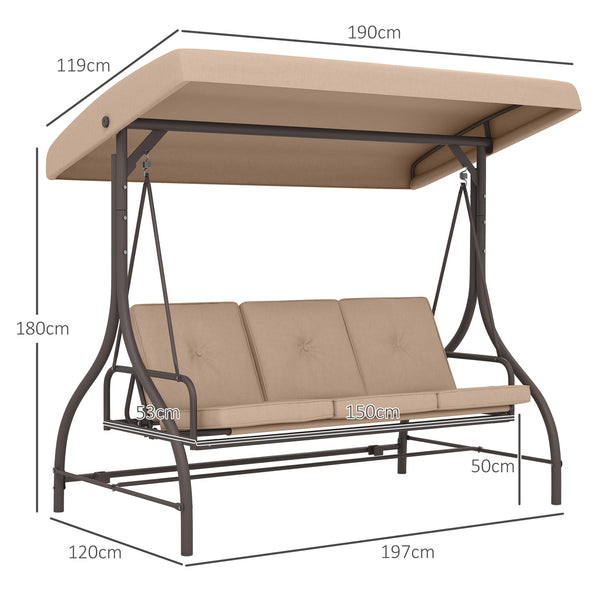 Balancelle de jardin convertible 3 places grand confort avec coussins toit réglable dim. 197L x 120l x 180H cm métal polyester kaki