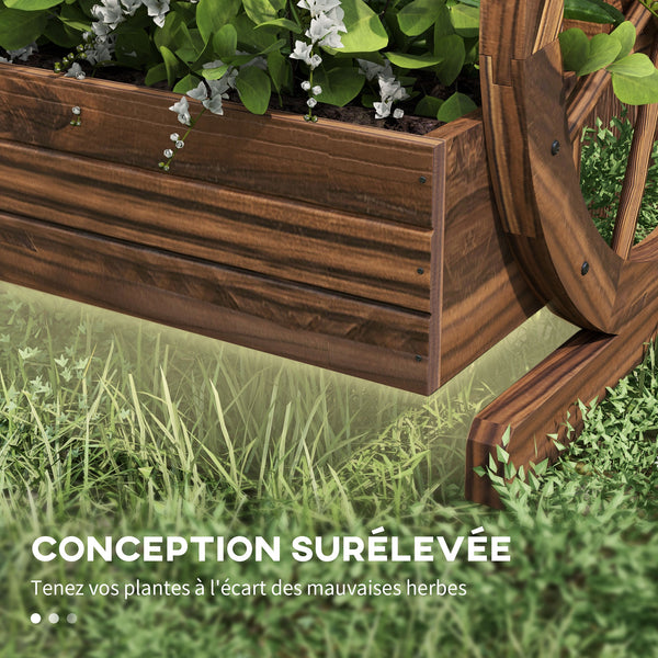 Jardinière sur Pieds carré Potager 3 étages Style Rustique Chic avec 2 roues Charrette Bois Sapin, trous de drainage, dim. 62L x 61l x 57H cm Marron