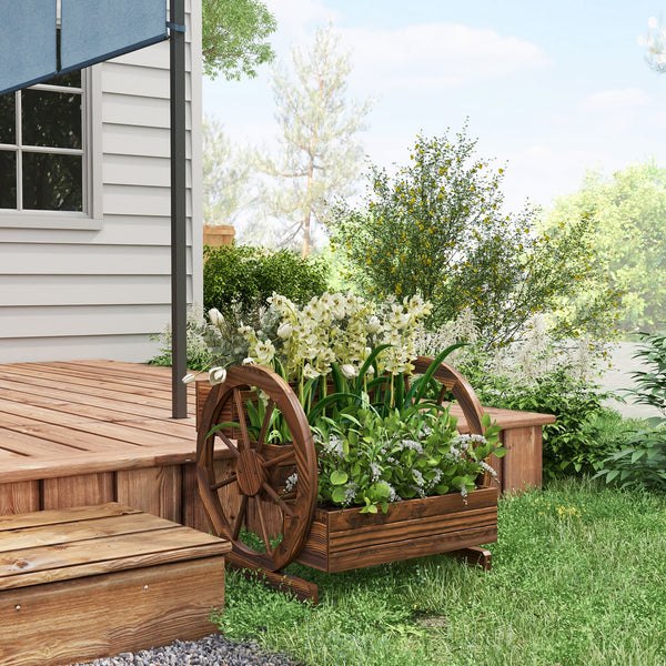 Jardinière sur Pieds carré Potager 3 étages Style Rustique Chic avec 2 roues Charrette Bois Sapin, trous de drainage, dim. 62L x 61l x 57H cm Marron