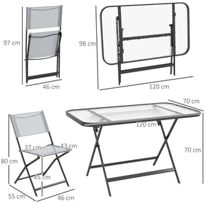 Ensemble de jardin 4 chaises + 1 table salon de jardin 5 pièces pilables chaises textilènes et plateau en verre trempé gris