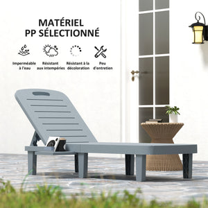 Lot de 2 bain de soleil, chaise longue avec plateaux rétractables, transat jardin extérieur inclinable, surface effet bois pour plage relax camping piscine terrasse, 62 x 158 x 88 cm, gris