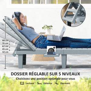 Lot de 2 bain de soleil, chaise longue avec plateaux rétractables, transat jardin extérieur inclinable, surface effet bois pour plage relax camping piscine terrasse, 62 x 158 x 88 cm, gris