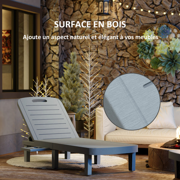 Lot de 2 bain de soleil, chaise longue avec plateaux rétractables, transat jardin extérieur inclinable, surface effet bois pour plage relax camping piscine terrasse, 62 x 158 x 88 cm, gris