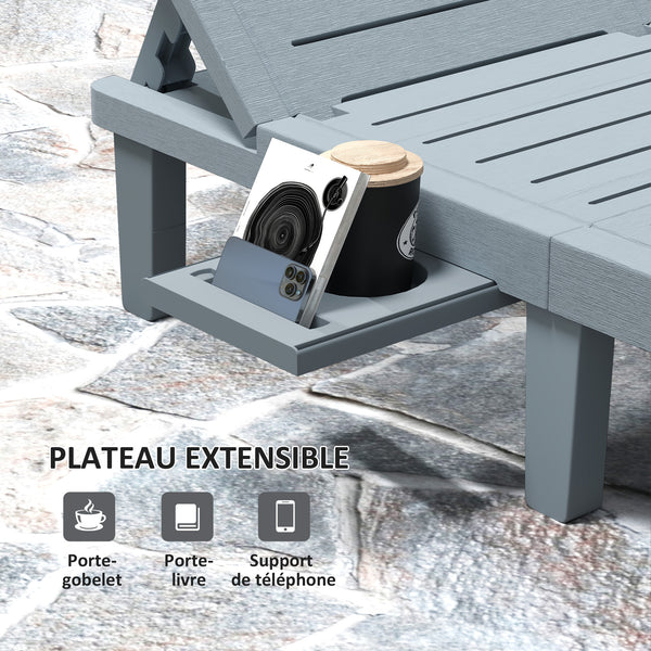 Lot de 2 bain de soleil, chaise longue avec plateaux rétractables, transat jardin extérieur inclinable, surface effet bois pour plage relax camping piscine terrasse, 62 x 158 x 88 cm, gris