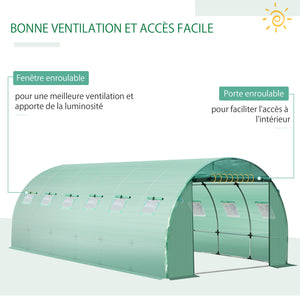 Bâche de Rechange Serre Tunnel 18 m², bâche 6 x 3 x 2 m PE Anti-UV imperméable 12 fenêtres + Porte Enroulable zippée vert