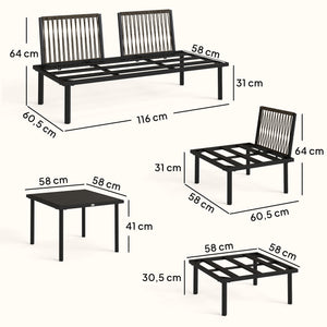 Ensemble salon de jardin 6 pièces, mobilier de jardin d'angle avec canapé 2 places, 3 chaises, repose-pieds, table en verre, coussins, salon extérieur en L en métal, Gris clair
