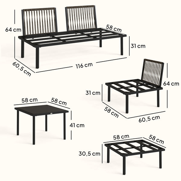 Ensemble salon de jardin 6 pièces, mobilier de jardin d'angle avec canapé 2 places, 3 chaises, repose-pieds, table en verre, coussins, salon extérieur en L en métal, Gris clair