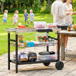 Desserte Jardin à 3 Niveaux avec Plan de Travail Inox, Panier Amovible, Étagères Ouvertes, Boîte à Épices, 2 Roues, 4 Crochets, Poignée Latérale, Chariot Barbecue pour Plancha, Noir